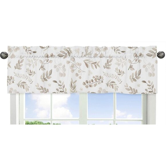 Sweet Jojo Designs White & Taupe Floral & Leaf Design Window Valance 54" x 18" - Picture 1 of 6